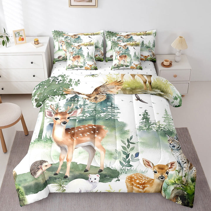 Erosebridal Hunting Deer Twin Comforter Set 7-Piece Bedroom Decor, Woodland Animal Bedding Comforter Sets Cute Moose Cat Hedgehog Bed in a Bag, Green Jungle Tree Bedding Set