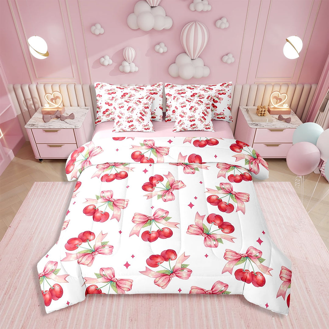 Erosebridal Pink Bowknot Comforter Set with Sheets Cherry Bow Kawaii Bed in a Bag Watercolor Pink Bow 7 Piece Bedding Set Twin Size Princess Style Soft Bed Set