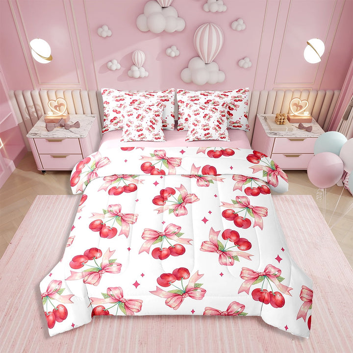 Erosebridal Pink Bowknot Comforter Set with Sheets Cherry Bow Kawaii Bed in a Bag Watercolor Pink Bow 7 Piece Bedding Set Twin Size Princess Style Soft Bed Set