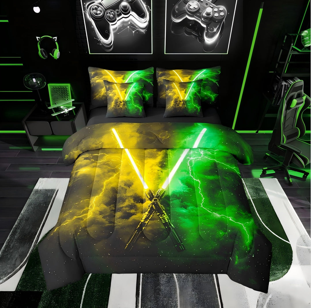 Erosebridal Galaxy Lightning Bedding Sets Twin with Comforter, Green Yellow Duvet Insert, Watercolor Print Decor, Reversible