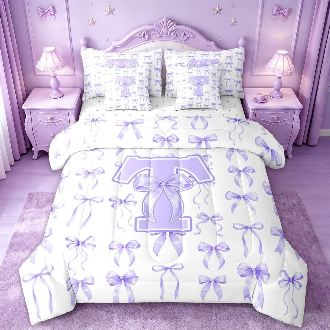 Manfei Letter T Initial 7 Pieces Bedding Comforter Set For Girls,Lavender Princess Bowknot Kids Full Bedding Set,Reversible