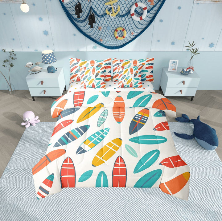 Erosebridal Surfing Surfboard Bedding Sets Twin Size,Ocean Theme Comforter Sets with Sheets,Summer Holiday Bed in a Bag Twin size,Super Cozy Sea Room Decor,Reversible,7-Piece
