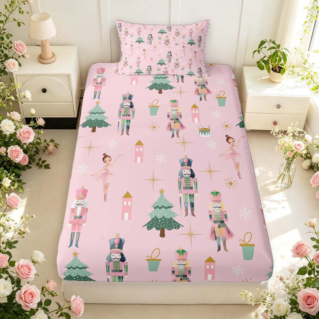 Manfei Cartoon Nutcracker Fitted Sheet Full,Festive Christmas Bed Set,Pink,3-Piece,1 Fitted Sheet and 2 Pillowcases