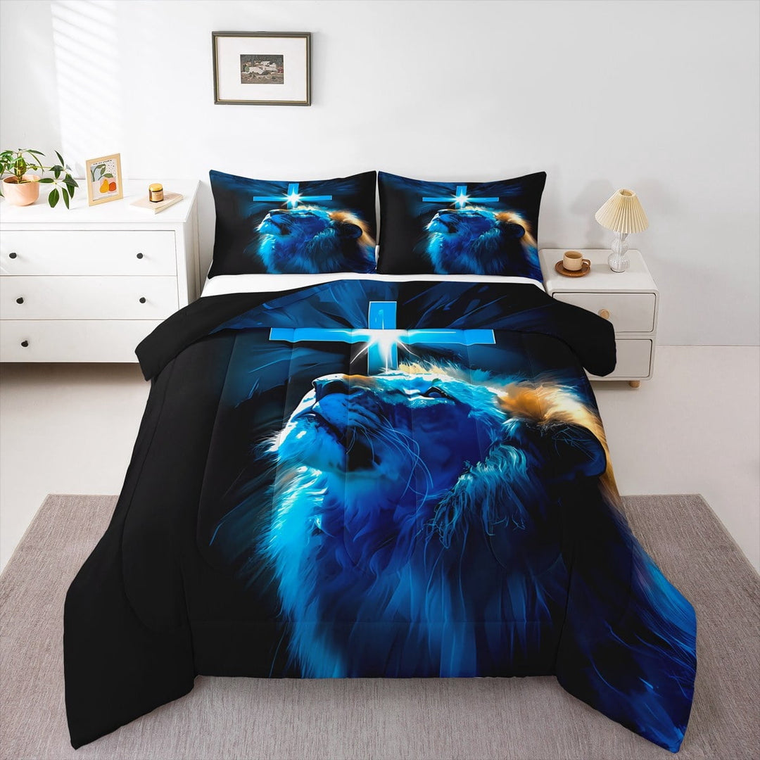 Manfei Wildlife Lion 3-Piece Full Size Comforter Sets,Black Blue Bedding Comforter Set,Christian Cross Lightweight Bedding Sets,Super Cozy Animal Bedroom Decorative,Reversible