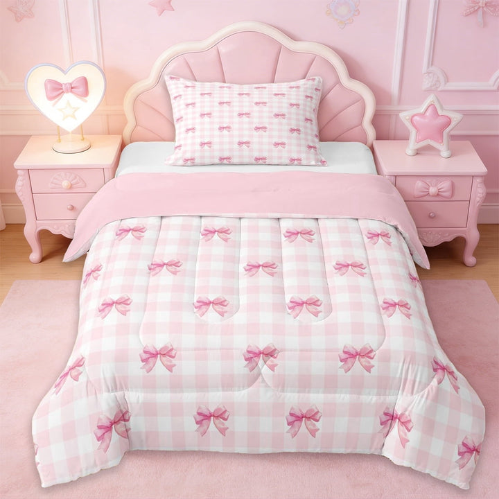 Erosebridal Pink Bowtie Girls Twin Comforter Sets,Pink Classic Geometric Grid Bedding Set For Kids,Pink Reversible,2-Piece