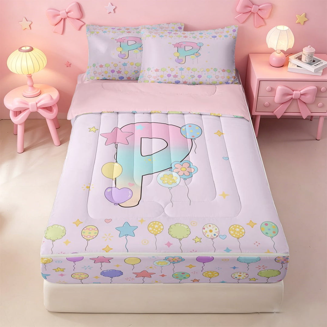 meiyoeat Pastel Rainbow Initial P Zipper Full Size Comforter Sets with Fitted Sheet and 2 Pillowcases,Cartoon Balloon Alphabet Print Zipper Bedding Set For Girl,Pink Reversible,4 Pieces