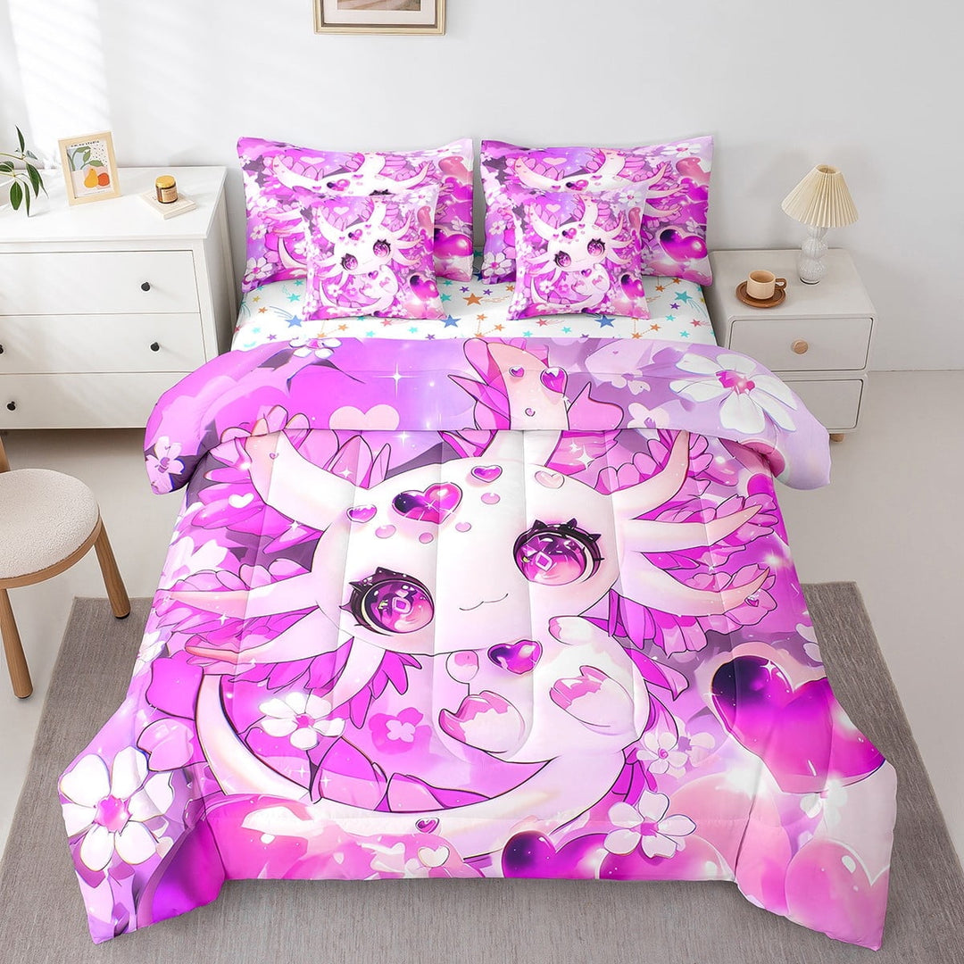 Erosebridal Cute Axolotl Bed in a Bag Queen size, Dreamy Flower Floral Bed Set, Cartoon Theme Decor, Reversible