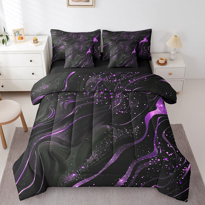 Erosebridal Purple Splatter Ink Bedding Queen Size,Black Ink Fluid Art Comforter Sets with Sheets,Geometric Lines Print Bedding Sets Queen Size,Microfiber Bedroom Decor Reversible,7pcs