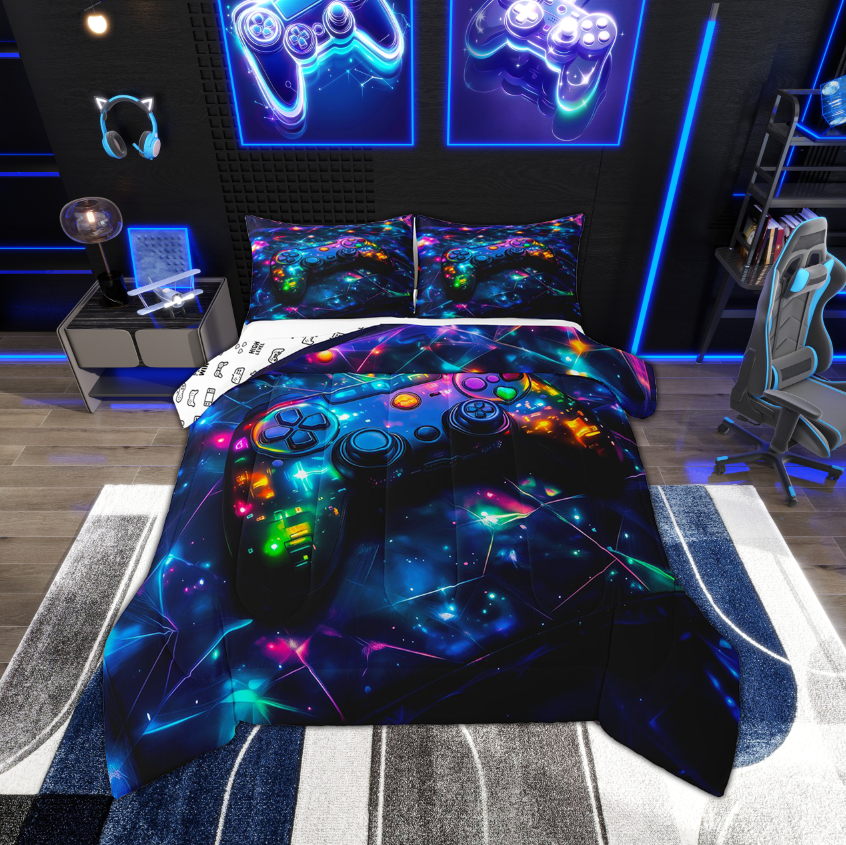Manfei Teens Gamer Gamepad Bedding Full Size Comforter Sets, Video Game Controller Reversible Bedding Set, Lightweight Bedroom Decor, 3 Pieces