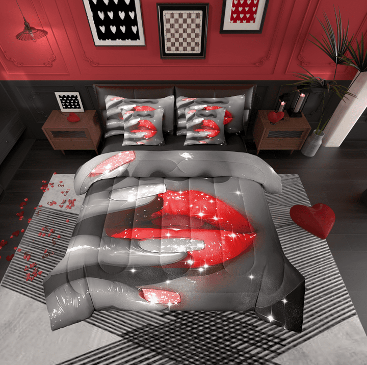 Erosebridal Glitter Lips Bedding Sets Twin Size,Bling Sparkling Comforter Sets with Sheets,Grey Red Bed in a Bag Twin size,Ultra Soft Sparkle Room Decoration,Reversible,7-Piece