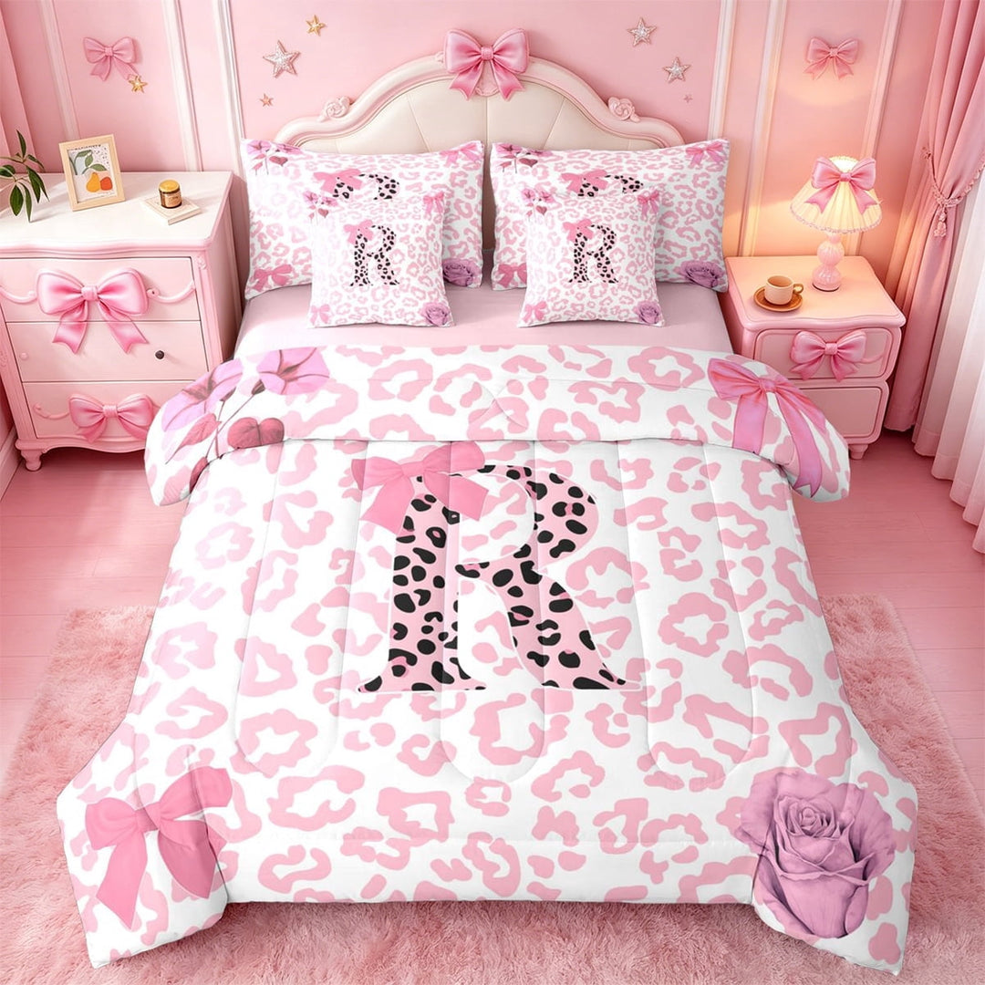 Erosebridal Safari Cheetah Print 7-Piece Twin Bedding Sets For Kids,Pink Princess Bow Letter R Monogram Bedding Comforter Set,Pink Reversible