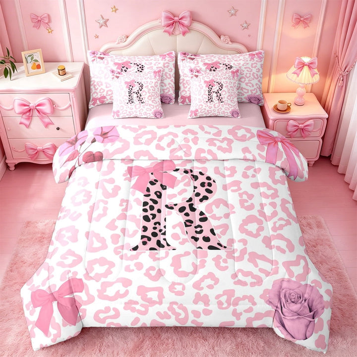 Erosebridal Safari Cheetah Print 7-Piece Twin Bedding Sets For Kids,Pink Princess Bow Letter R Monogram Bedding Comforter Set,Pink Reversible