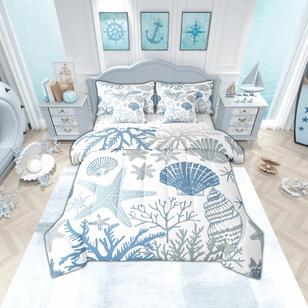 Nautical Coastal Comforter Set 7 Piece Bed in a Bag Twin,Blue Ocean Beach Bedding Set Seashell Starfish Sheet Sets with Comforter Conch Shell Coral Bed Set,Plain White Blue Room Decor