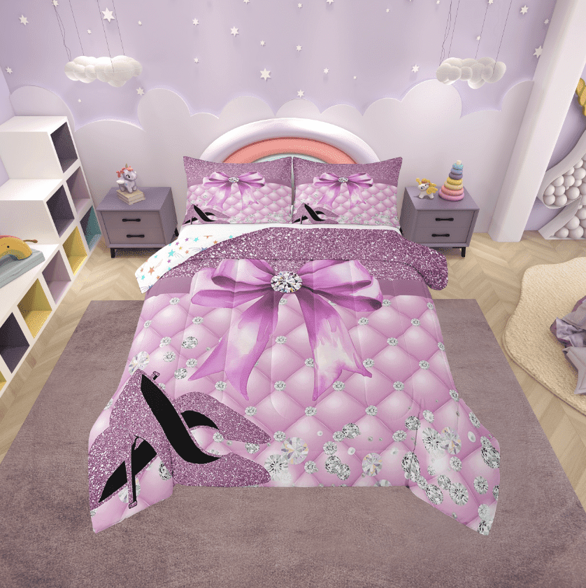 Erosebridal High Heels Bowknot Bedding Twin Comforter Set,Bling Crystal Down Comforter,Super Cozy Reversible Bedding Sets Twin with Comforter,Glitter Decoration,3pcs