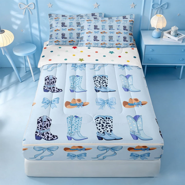 meiyoeat Blue Coquette Bow Zipper Twin Comforter Sets with Fitted Sheet and 2 Pillowcases,Western Cow Print Cowgirl Boots Zipper Bedding Set For Girl,Reversible,4-Piece