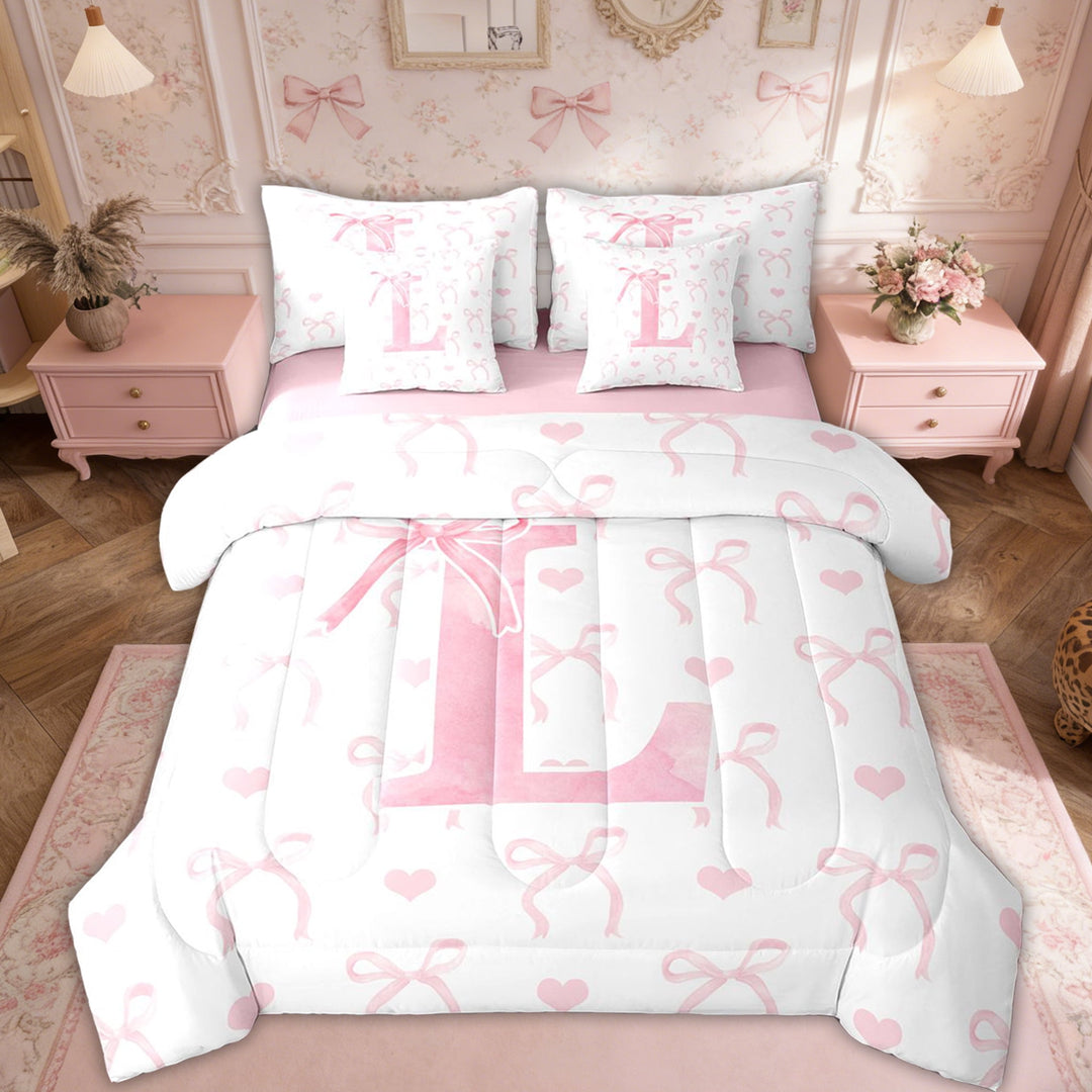 Erosebridal Girly Fairly Bedding Sets Twin Size, Romantic Initial L Comforter Sets with Sheets, Kawaii Pink Bowknot, Reversible 7pcs