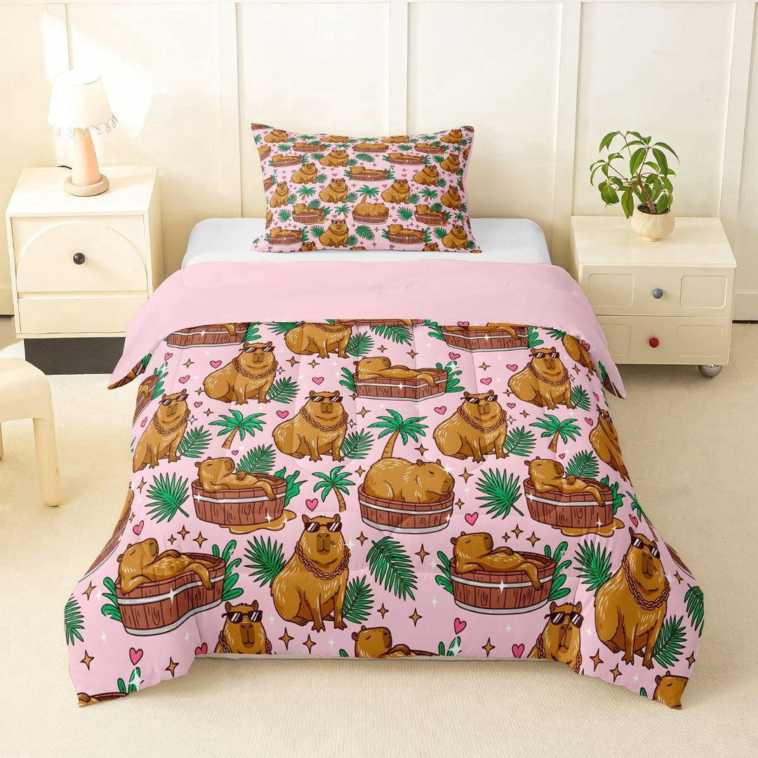 Erosebridal Kawaii Animal Capybara Twin Comforter Sets 3-Piece For Boys Girls,Kids Palm Tree Summer Holiday Bedding Set,Pink Reversible