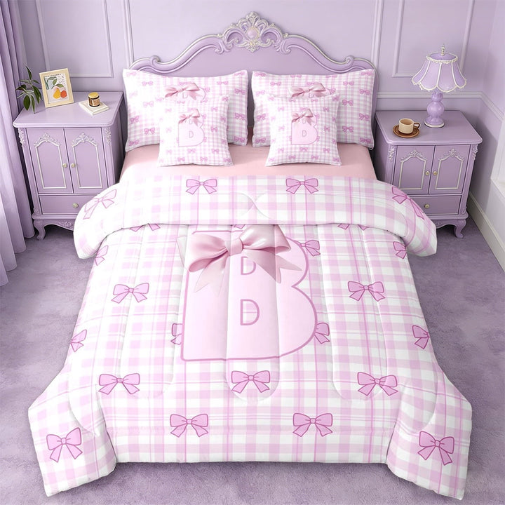 Erosebridal Letter B Monogram 7 Pieces Bedding Comforter Set,Pink Princess Bow Full Bedding Set For Kids Girls,Pink Reversible