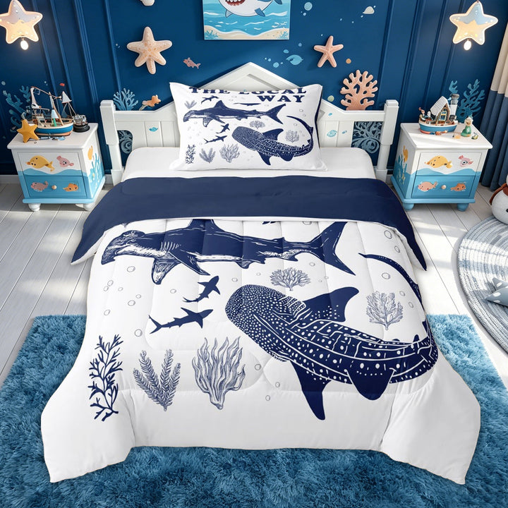 meiyoeat Ocean Shark Full Size Comforter Sets for Kids Boys, Ocean Quote Bedding Comforter Set for Bedroom, Navy White, Blue Reversible, 3-Piece
