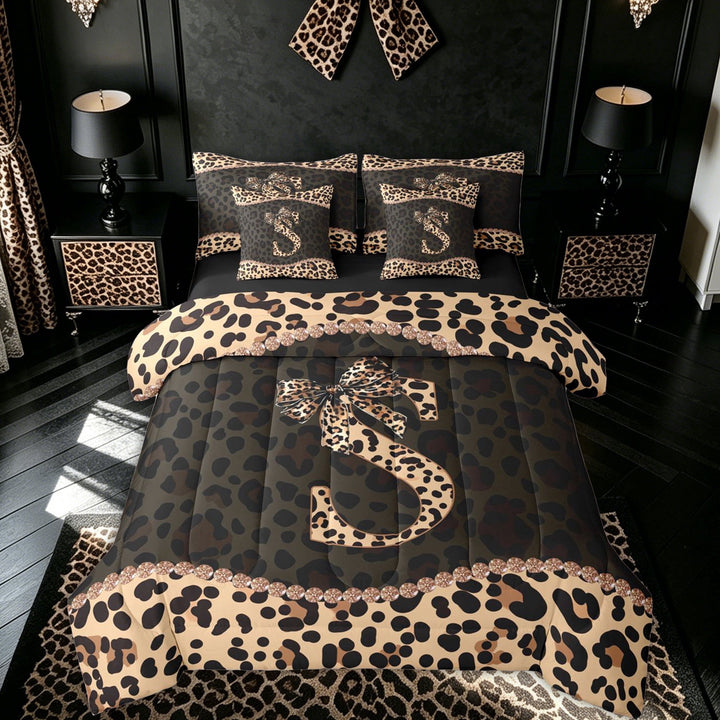 meiyoeat Fashion Leopard S Letter Full Size Bedding Sets for Women Girls, Cheetah Print Bow Full Size Bed in a Bag, Brown Black, Black Reversible, 7-Piece