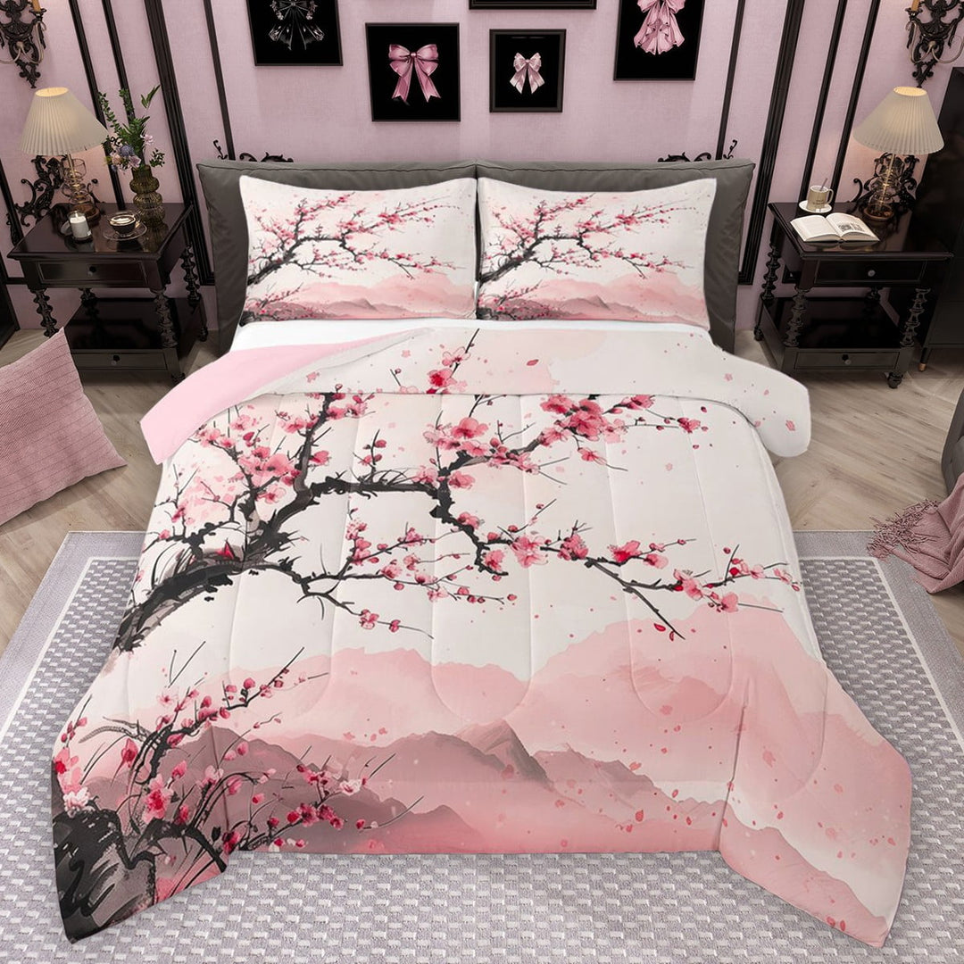 Manfei Cherry Blossoms 3 Pieces Queen Comforter Set for Boys Girls,Pink Sakura Ultra Soft Bedding Sets,Japanese Style Bedding Comforter Set Breathable,Luxury Bedroom Decor,Reversible