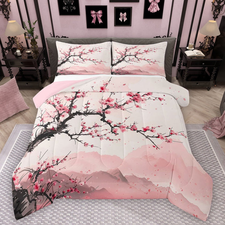 Manfei Cherry Blossoms 3 Pieces Queen Comforter Set for Boys Girls,Pink Sakura Ultra Soft Bedding Sets,Japanese Style Bedding Comforter Set Breathable,Luxury Bedroom Decor,Reversible
