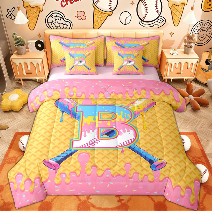 Erosebridal Girly Pink B Letter Twin Bedding Sets for Kid, Cute Ice Cream Baseball Bedding Comforter Set, 7 Pieces