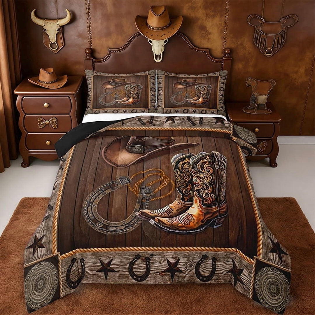 Erosebridal Bohemian Cowboy Boots Hat Full Size Comforter Sets,Rustic Horseshoe Texas Stars Pattern Bedding Sets,Reversible Black,3 Pieces