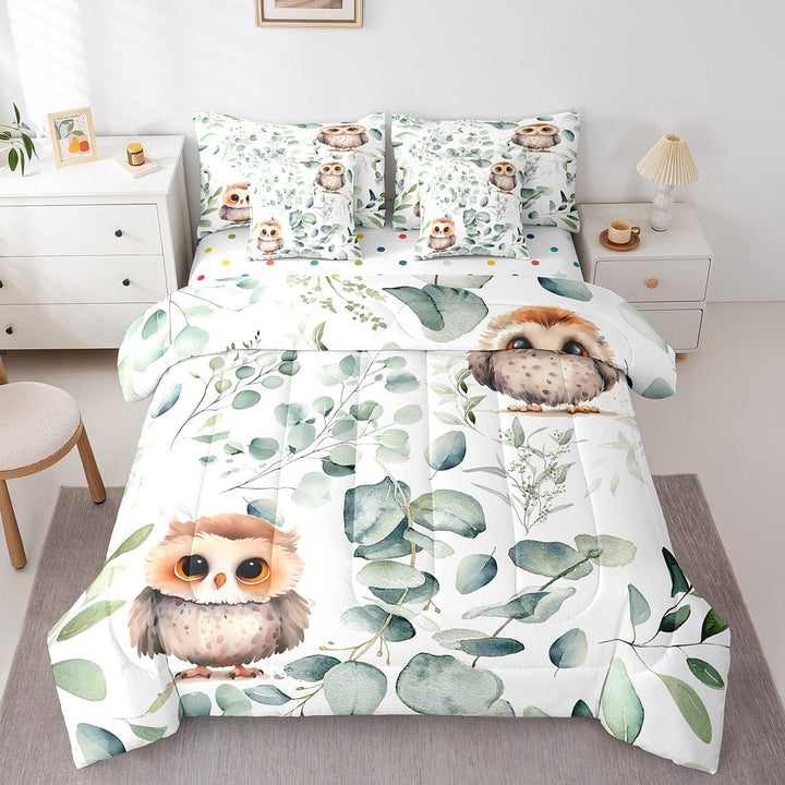 Erosebridal 7-Piece Cartoon Animal Bedding Twin Size for Kawaii Owl Comforter Set, Funny Wildlife Bedding Comforter Sets Wild Bird Bed in a Bag, Botanical Green Eucalyptus Bedding Accessories
