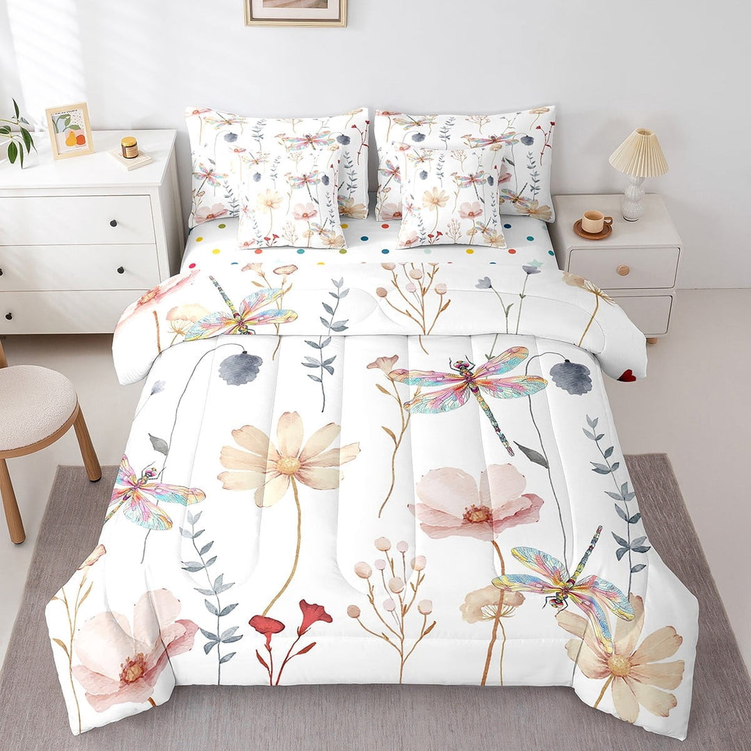 Dragonfly Comforter Set Twin Size, Watercolor Floral Bedding Set Women, Coral Beige Flower Bed In A Bag(Comforter+Fitted+Flat Sheet+2 Pillowcases+2 Throw Pillow Covers) 7 Pieces Bed Set