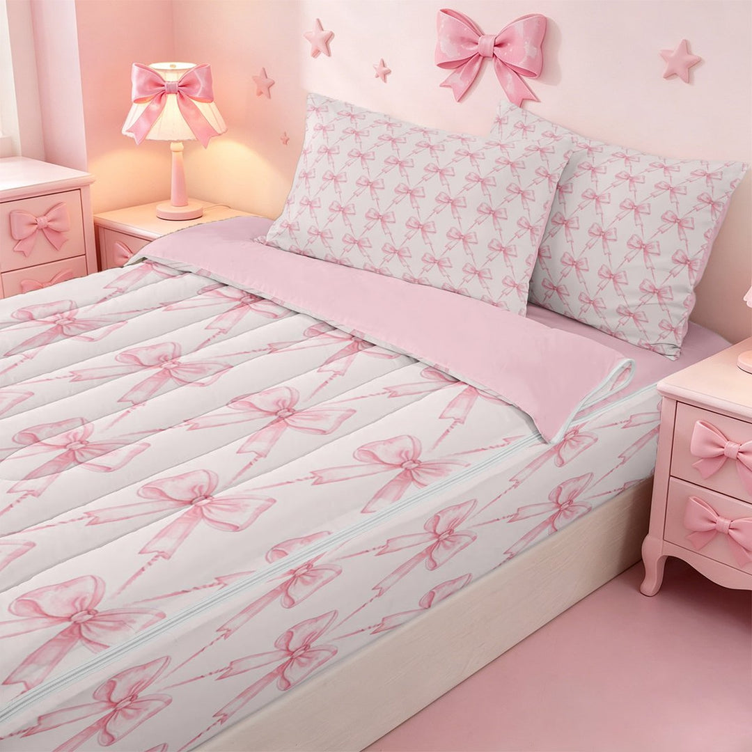 meiyoeat Pink Coquette Bows Zipper Twin Comforter Sets with Fitted Sheet and 2 Pillowcases For Girls,Dreamy Princess Bowknot Zipper Bedding Set For Kids,Pink Reversible,4-Piece