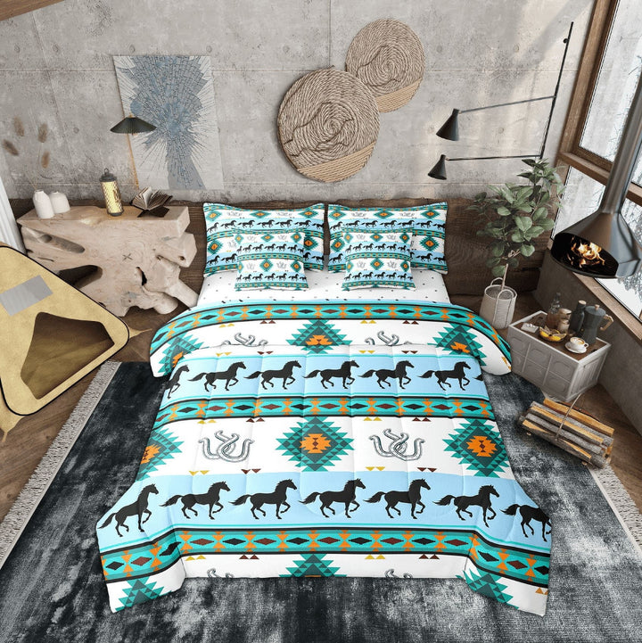 Erosebridal Rustic Farmhouse Horse Bedding Sets Twin Size, Teal Blue Aztec Comforter Sets with Sheets, Lodge Cabin Bedroom Decor, Reversible 7-Piece