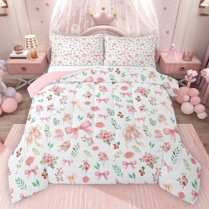 Erosebridal Bow Ballet Shoes Full Size Comforter Sets for Girls, Pink Flower Floral Bedding Sets, Pink Reversible, 1 Comforter and 2 Pillowcases