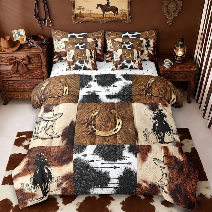 Erosebridal Rustic Cowhide Print 7-Piece Twin Bedding Sets,Western Cowboy Texas Stars Bedding Comforter Set For Men Adults,Reversible