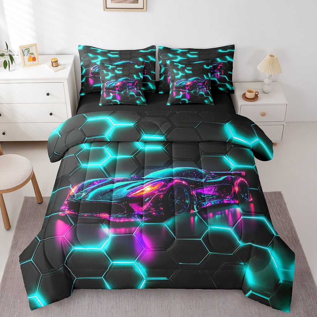 Erosebridal Sport Car Bedding Sets Twin Size,Honeycomb Hexagon Comforter Sets with Sheets,Extreme Sport Bed in a Bag Twin size,Microfiber Boys Bedroom Decor,Reversible,7pcs
