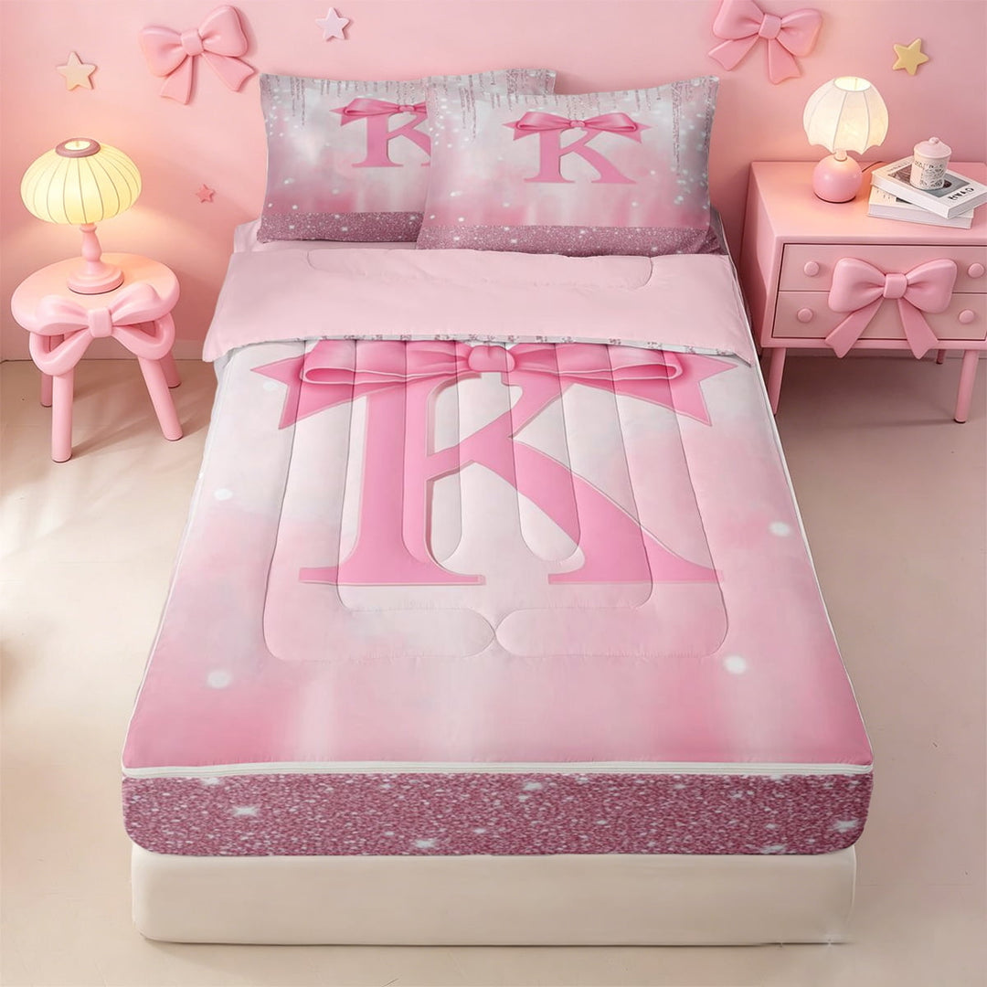 meiyoeat Pink Princess Bows Zipper Full Size Comforter Sets with Fitted Sheet and 2 Pillowcases For Girls,Lovely Bowtie Monogrammed K Zipper Bedding Set For Kids,Pink Reversible,4 Pieces