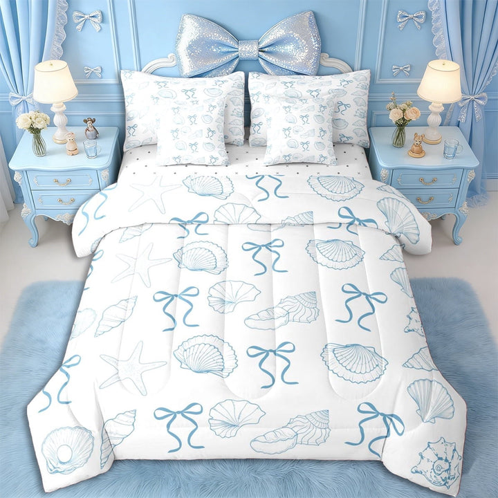Erosebridal Kawaii Seashell Bowknot Bedding Comforter Set 7pcs for Kids Girls,Teens Sea Theme Starfish Queen Bedding Sets,Super Cozy Room Decor