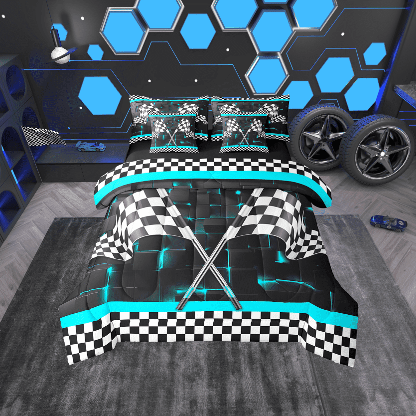 Erosebridal Checkered Flag Bed in a Bag Twin size, Neon Square Bed Set, Sports Car Decor, Reversible 7-Piece