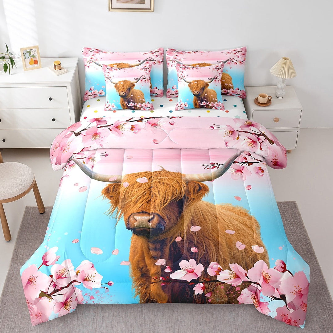 Highland Cow 7 Piece Comforter Set Full Bed in a Bag,Farm Animals Bedding Sets Gradient Teal Pink Cherry Blossom Flowers Sheet Set with Comforter