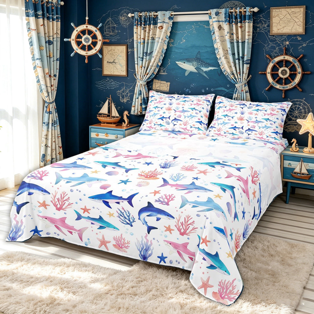 meiyoeat Watercolor Shark Bed Sheets for Kids Girls, Coral Starfish Full Size Sheets for Bedroom, Multicolor, 4 Pieces