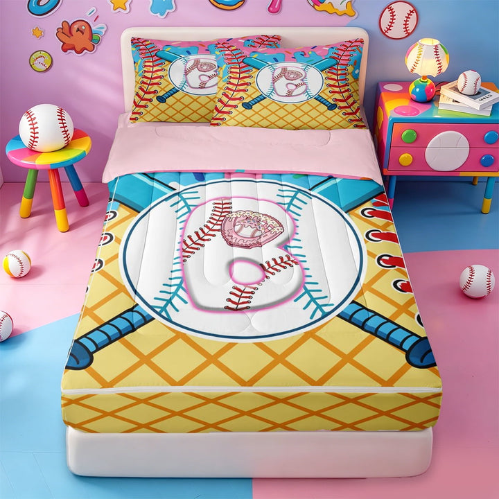 meiyoeat Watercolor Initial Print Zipper Twin Comforter Sets with Fitted Sheet and 2 Pillowcases,Ice Cream Theme Alphabet B Zipper Bedding Set For Baseball Games Lover,4-Piece