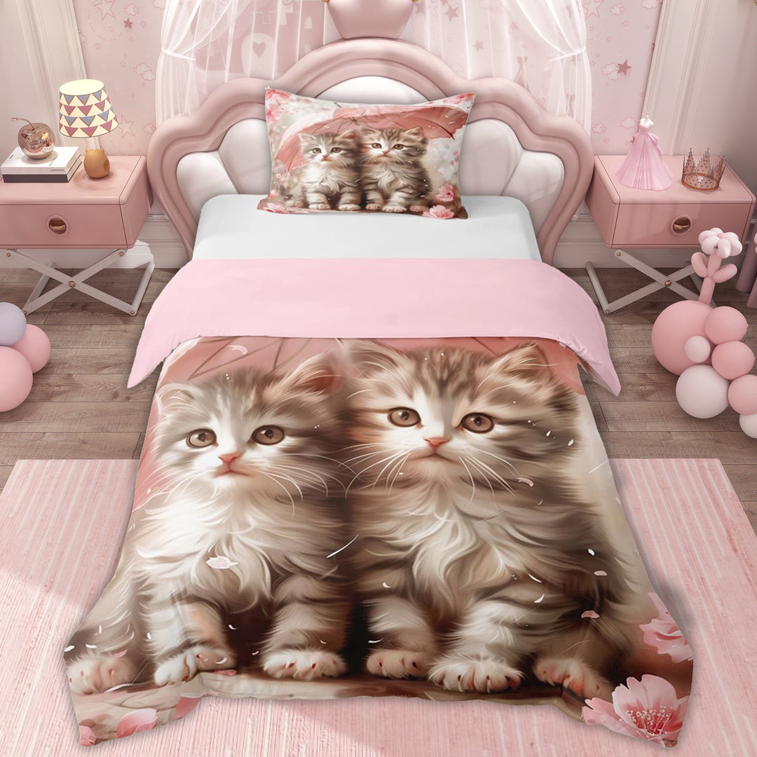 Erosebridal 3D Cat Print Twin Bedding for Kid, Romantic Flower Duvet Cover Set, Pink Reversible, 2pcs, 1 Duvet Cover and 1 Pillowcase (No Comforter)