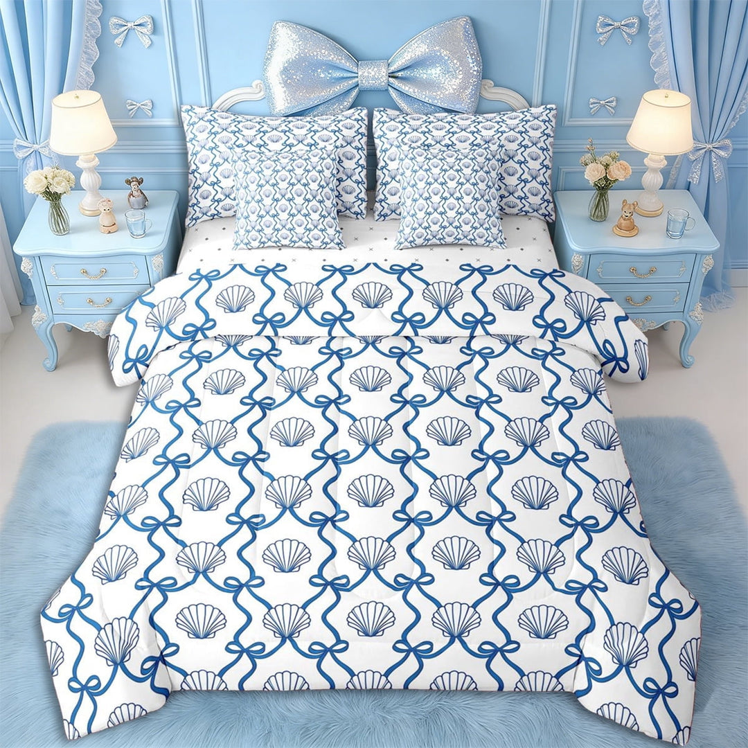 Erosebridal Girls Blue Ribbon Bow Twin Bedding Sets 7-Piece,Ocean Seashell Bedding Comforter Set for Teens Women,Lightweight Room Decor