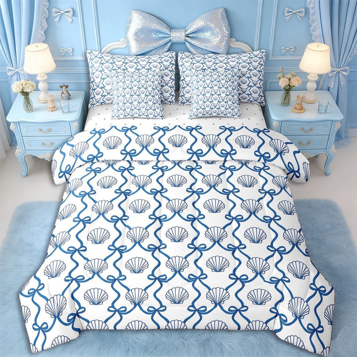 Erosebridal Girls Blue Ribbon Bow Twin Bedding Sets 7-Piece,Ocean Seashell Bedding Comforter Set for Teens Women,Lightweight Room Decor
