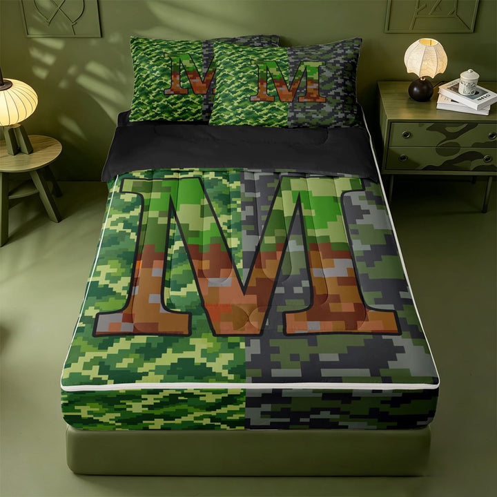 meiyoeat Pixel Gamepad Games Zipper Full Size Comforter Sets with Fitted Sheet and 2 Pillowcases For Boys,Grid Miner Theme Initial Alphabet M Zipper Bedding Set,Black Reversible,4 Pieces