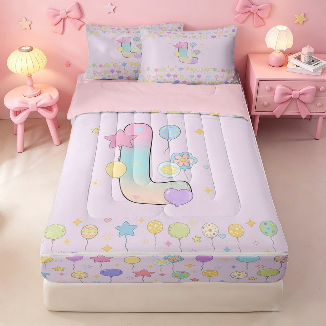 meiyoeat Rainbow Stars Print Kids Zipper Twin Comforter Sets With Fitted Sheet And 2 Pillowcases, Colorful Cartoon Zipper Bedding Set For Girl,Pink Reversible,4-Piece