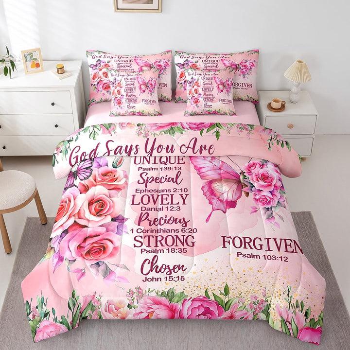 Erosebridal Pink Butterfly Bed in a Bag Queen size, Inspirational Quotes Bed Set, Rose Floral Decor, 7pcs