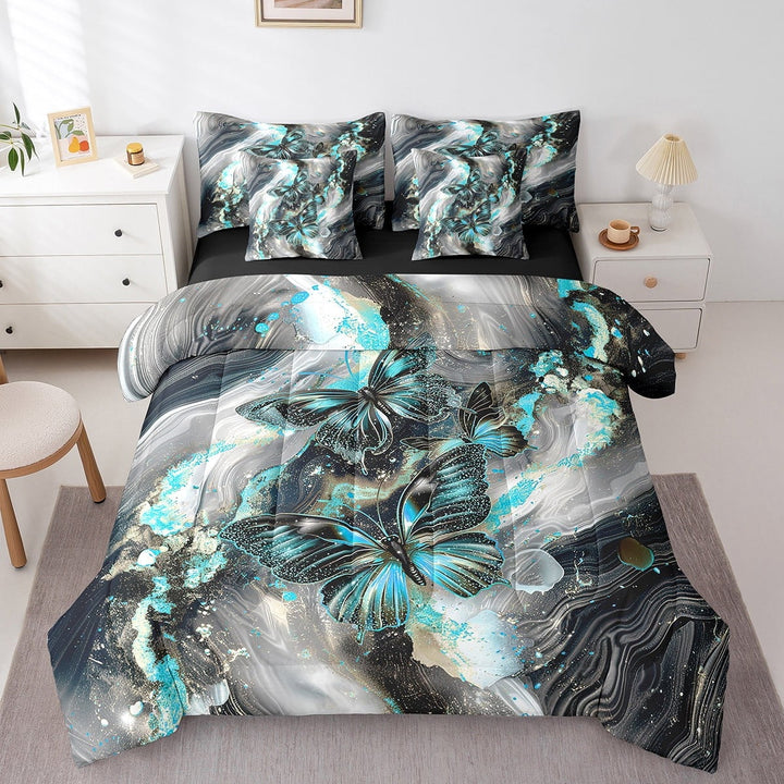 Black Marble Bed in a Bag Queen Comforter Set 7 Piece Blue Butterfly Sheet Set,Cyan Marbling Bedding Sets,Abstract Ombre Ink Fluid Art Bed Set Rustic Animal Dreamy Butterflies Room Decor Aesthetic