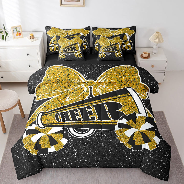 Cheerleading Bed in a Bag 7pcs Cheerleader Cheer Squad Bedding Set Bedroom, Glitter Bow Print Twin Size Comforter Set Black and Gold Bedding Comforter Sets, Stars Galaxy Bed Set