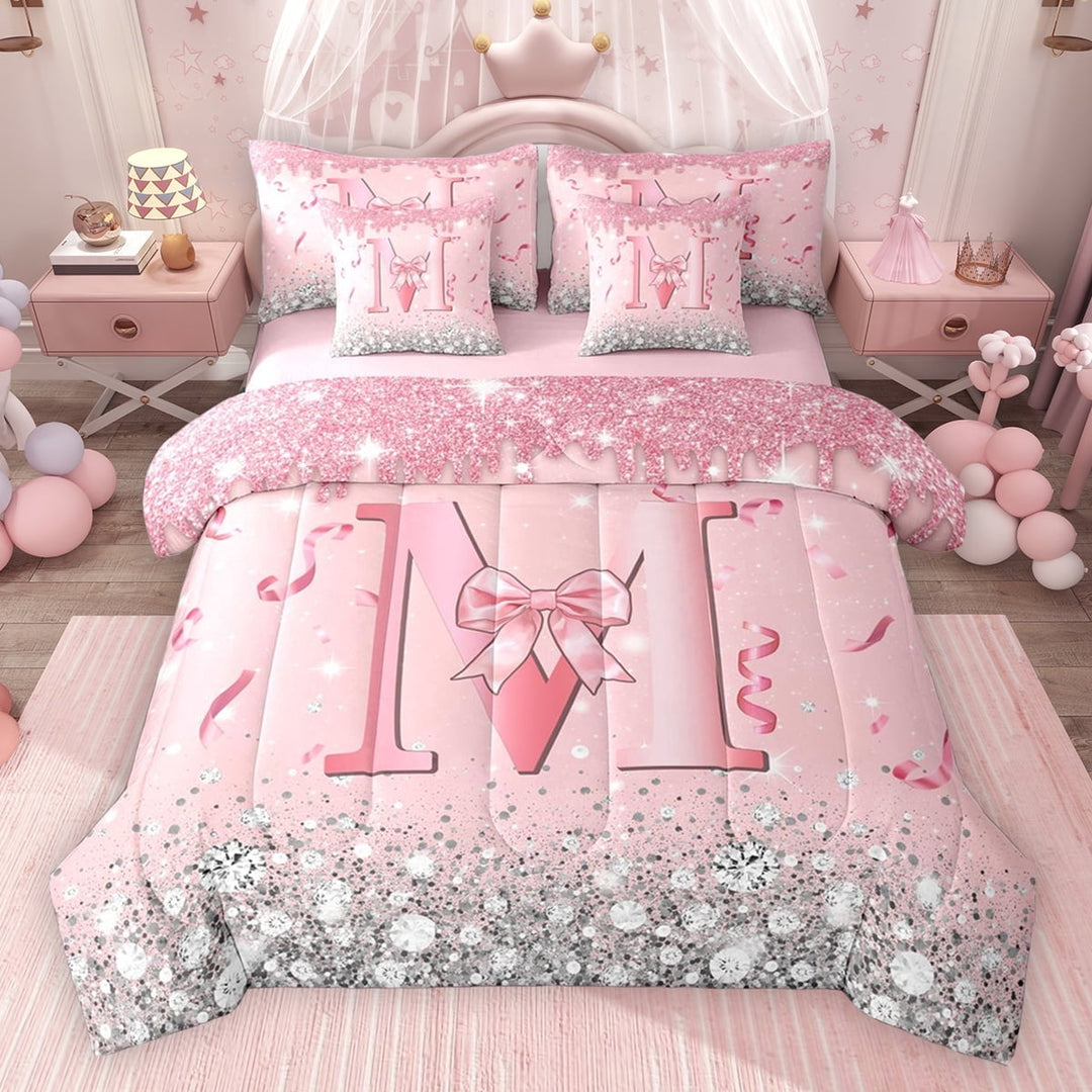 Erosebridal Dreamy Glitters Print Twin Bedding Sets for Girls, Pink Bling M Letter Bedding Comforter Set, Pink Reversible 7-Piece